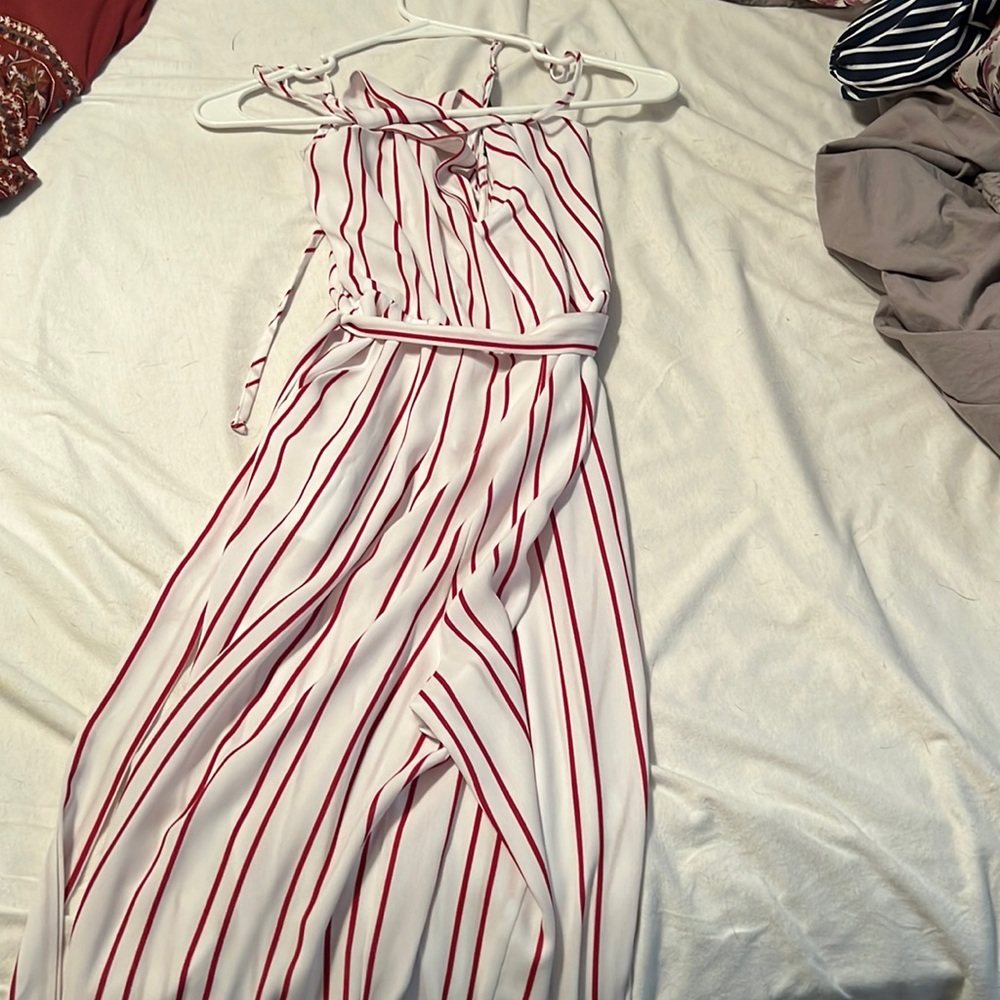 Red and white striped pants suit